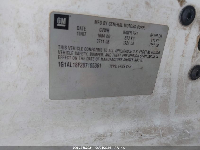 2008 Chevrolet Cobalt Lt VIN: 1G1AL18F287165361 Lot: 39562021