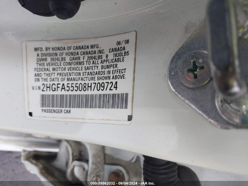 2008 Honda Civic Si/Si Mugen VIN: 2HGFA55508H709724 Lot: 39562032