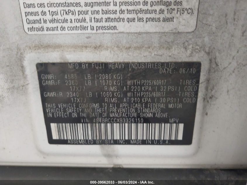 2011 Subaru Outback 2.5I Premium VIN: 4S4BRCCCXB3326150 Lot: 39562033