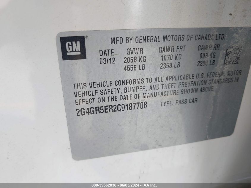 2012 Buick Regal VIN: 2G4GR5ER2C9187708 Lot: 39562038