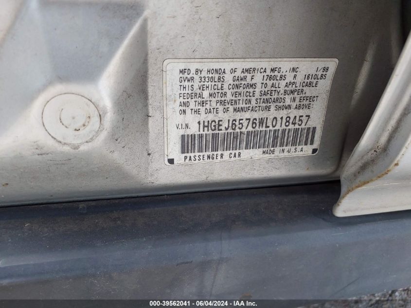 1998 Honda Civic Lx VIN: 1HGEJ6576WL018457 Lot: 39562041