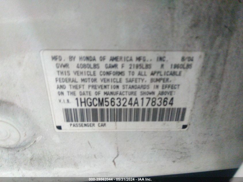 2004 Honda Accord 2.4 Lx VIN: 1HGCM56324A178364 Lot: 39562044