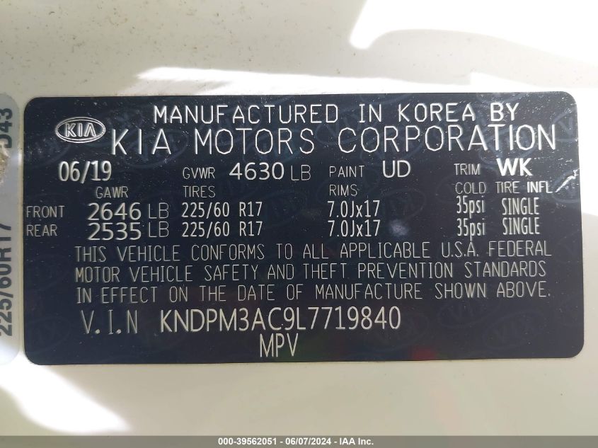 KNDPM3AC9L7719840 2020 Kia Sportage Lx