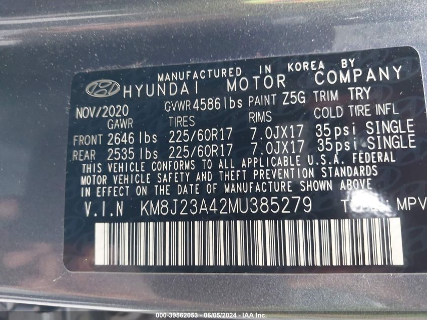 2021 Hyundai Tucson Se VIN: KM8J23A42MU385279 Lot: 39562053