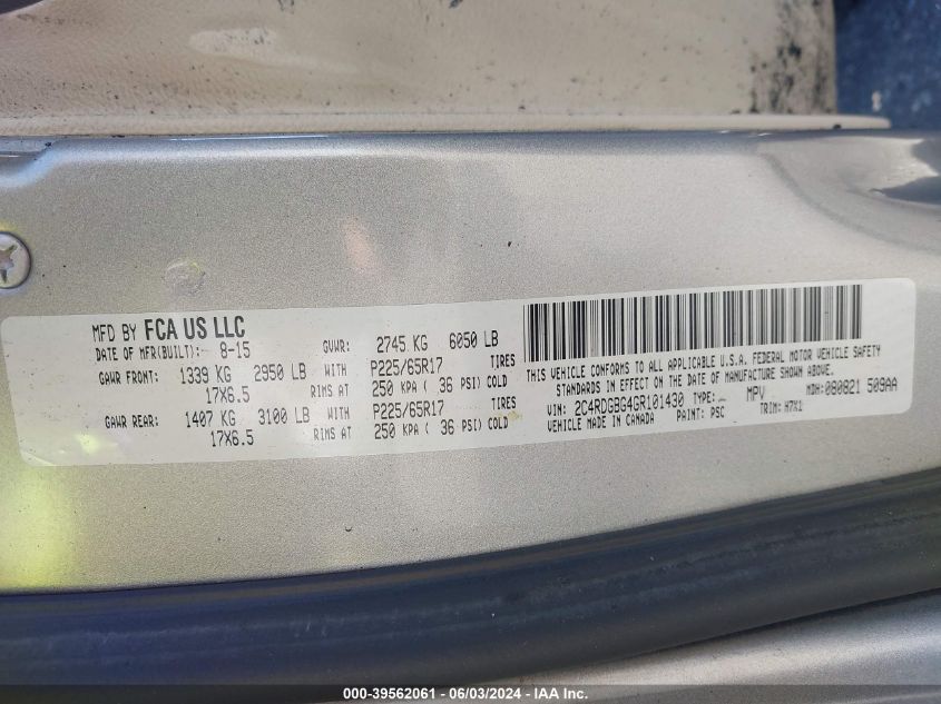 2016 Dodge Grand Caravan Se VIN: 2C4RDGBG4GR101430 Lot: 39562061