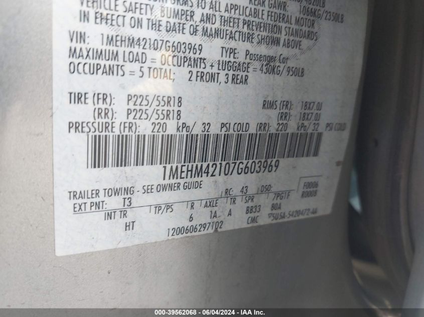 2007 Mercury Montego Premier VIN: 1MEHM42107G603969 Lot: 39562068