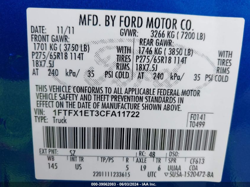 2012 Ford F-150 Xlt VIN: 1FTFX1ET3CFA11722 Lot: 39562083