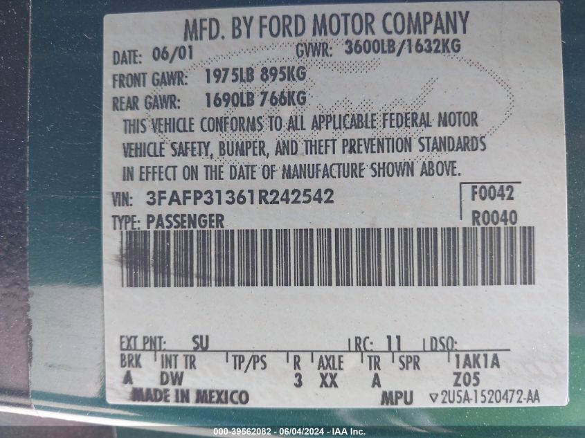 2001 Ford Focus Zx3 VIN: 3FAFP31361R242542 Lot: 39562082