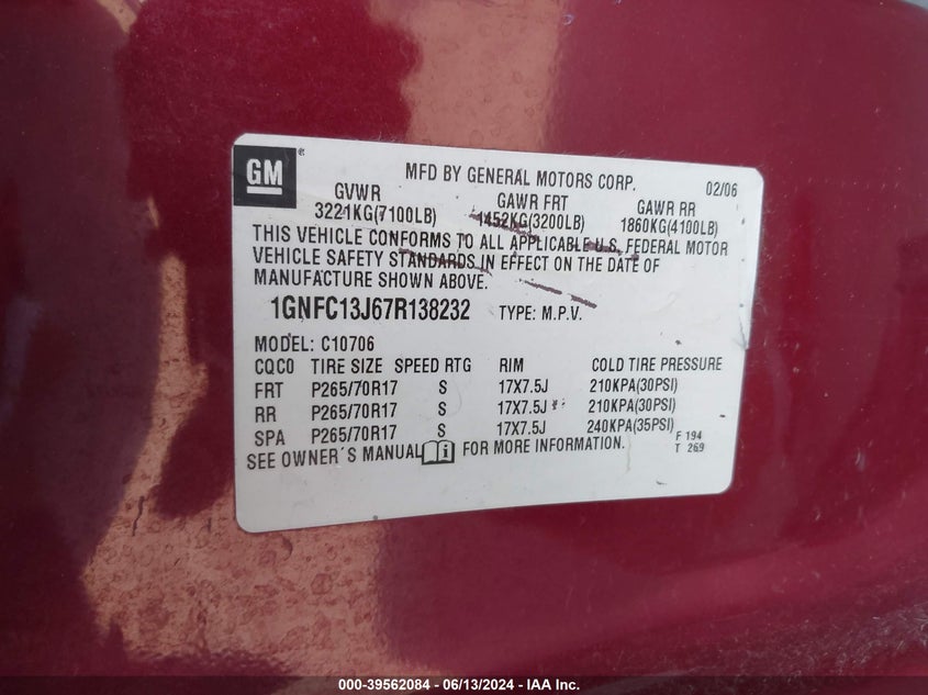 2007 Chevrolet Tahoe Ls VIN: 1GNFC13J67R138232 Lot: 39562084