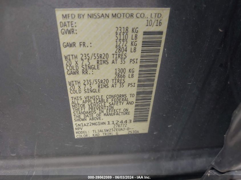 2017 Nissan Murano Platinum VIN: 5N1AZ2MG1HN112443 Lot: 39562089
