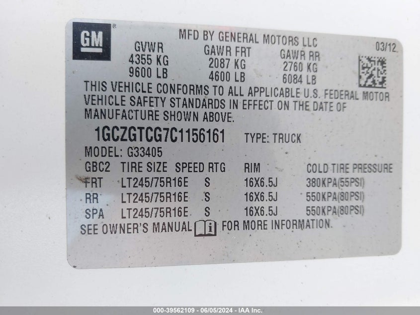 2012 Chevrolet Express 3500 Work Van VIN: 1GCZGTCG7C1156161 Lot: 39562109