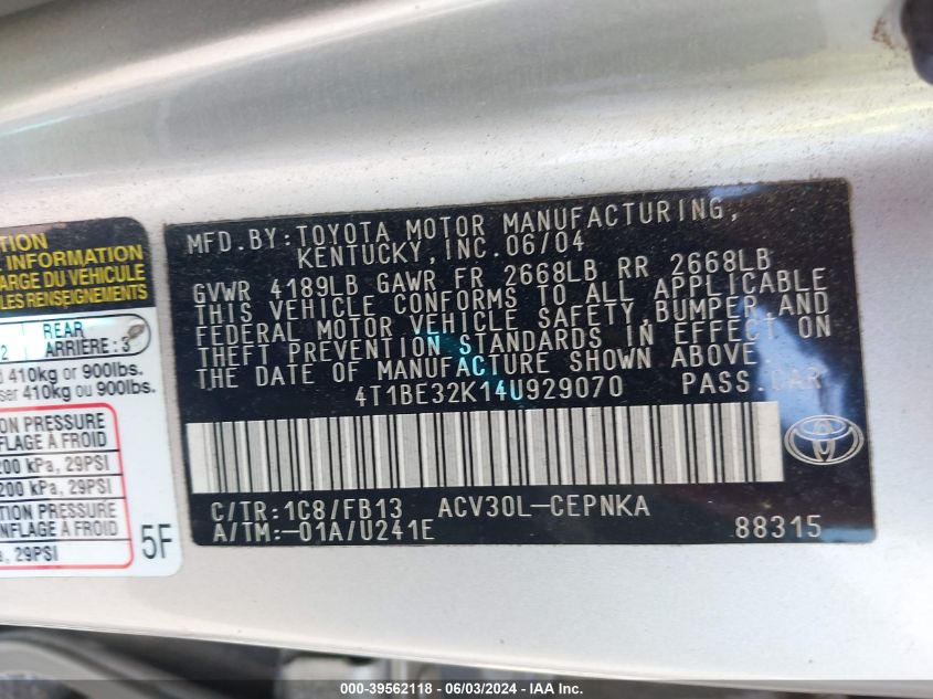 2004 Toyota Camry Le VIN: 4T1BE32K14U929070 Lot: 39562118