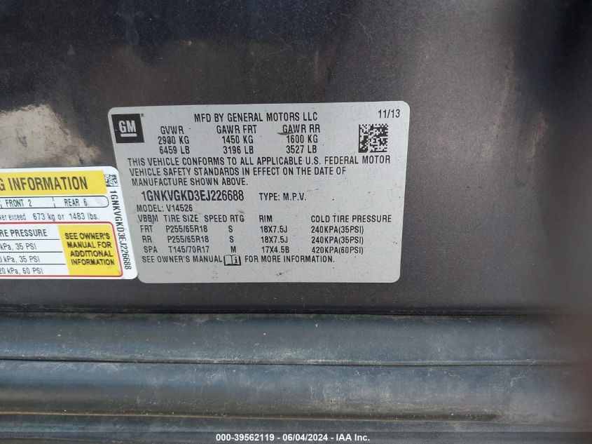 2014 Chevrolet Traverse 1Lt VIN: 1GNKVGKD3EJ226688 Lot: 39562119