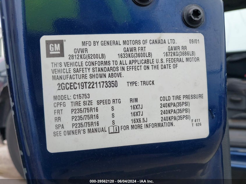 2002 Chevrolet Silverado 1500 Ls VIN: 2GCEC19T221173350 Lot: 39562120