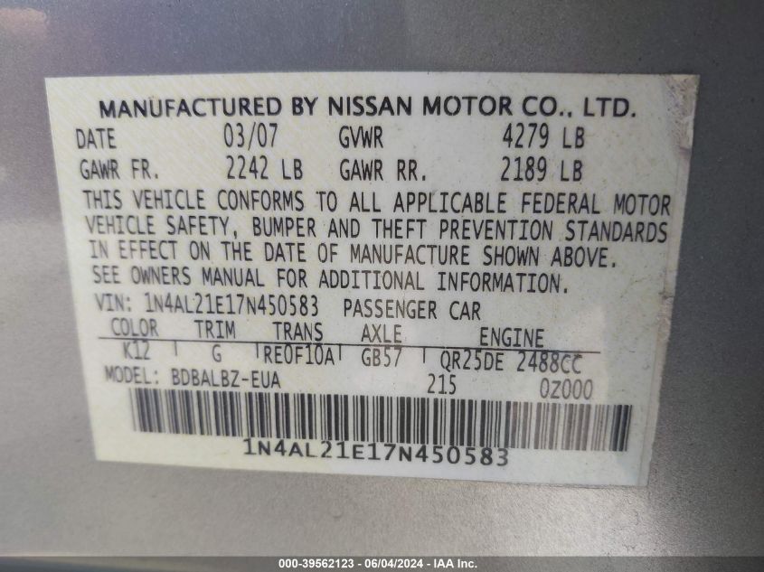 2007 Nissan Altima 2.5 S VIN: 1N4AL21E17N450583 Lot: 39562123