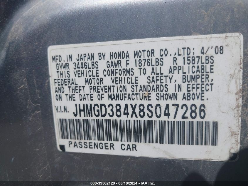 2008 Honda Fit VIN: JHMGD384X8S047286 Lot: 39562129