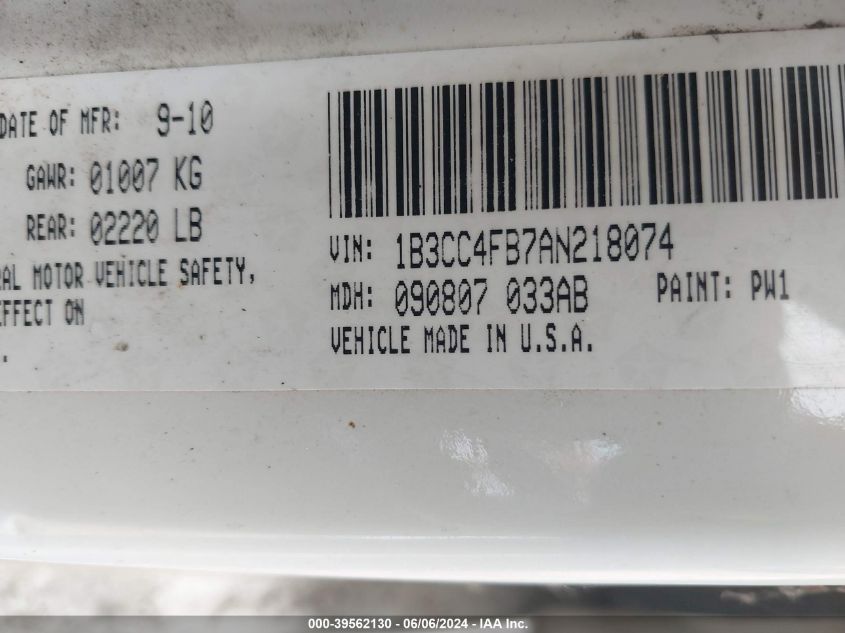 2010 Dodge Avenger Sxt VIN: 1B3CC4FB7AN218074 Lot: 39562130