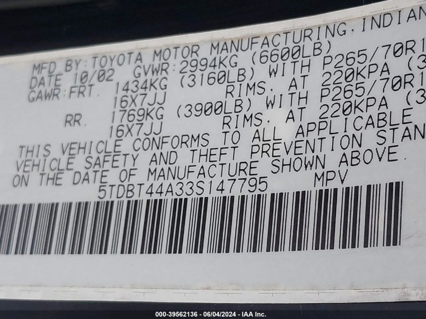 2003 Toyota Sequoia Sr5 V8 VIN: 5TDBT44A33S147795 Lot: 39562136