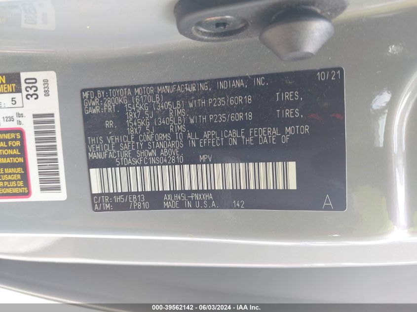 2022 TOYOTA SIENNA XLE - 5TDASKFC1NS042810