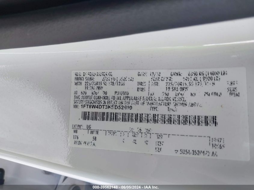2019 Ford F-450 Lariat VIN: 1FT8W4DT3KED52590 Lot: 39562148