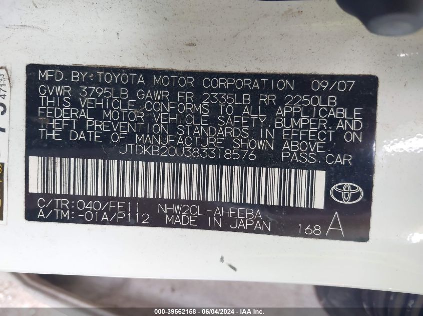 2008 Toyota Prius VIN: JTDKB20U383318576 Lot: 39562158