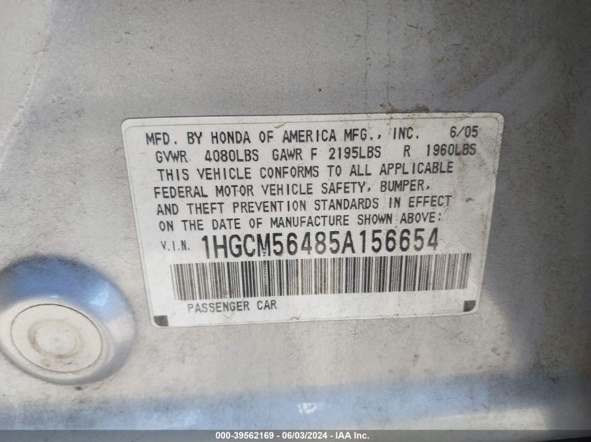 2005 Honda Accord 2.4 Lx VIN: 1HGCM56485A156654 Lot: 39562169