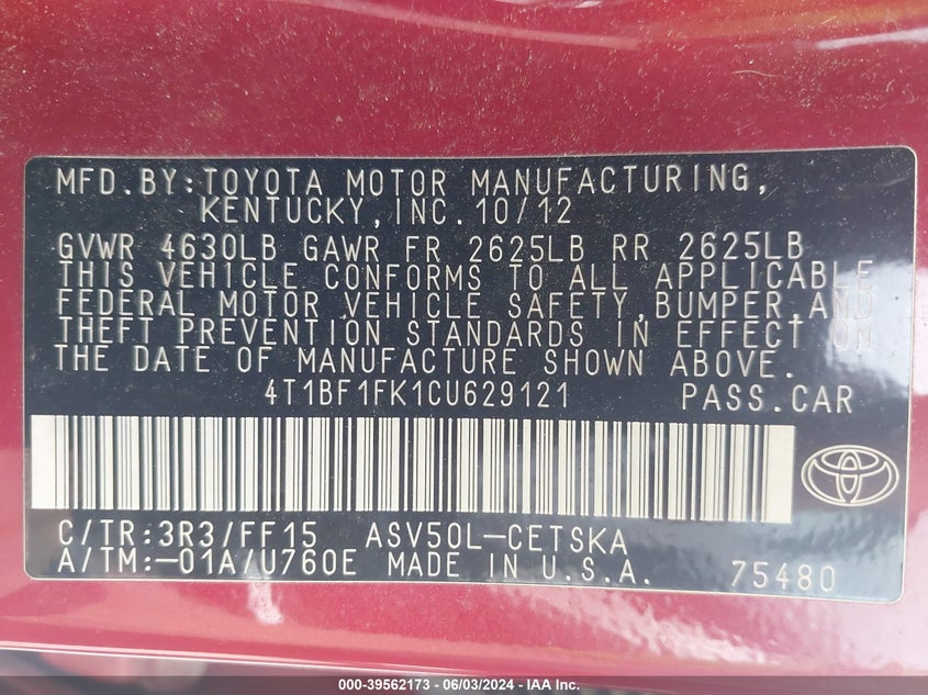 2012 Toyota Camry Se Limited Edition VIN: 4T1BF1FK1CU629121 Lot: 39562173