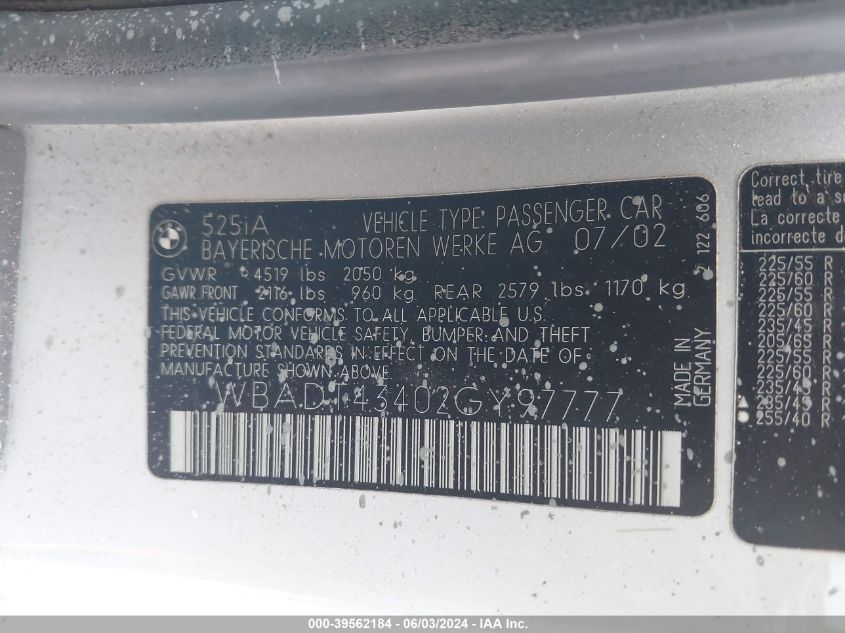 2002 BMW 525Ia VIN: WBADT43402GY97777 Lot: 39562184