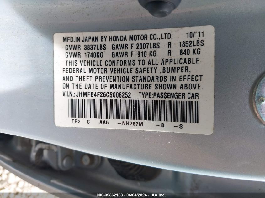 2012 Honda Civic Hybrid VIN: JHMFB4F26CS006252 Lot: 39562188