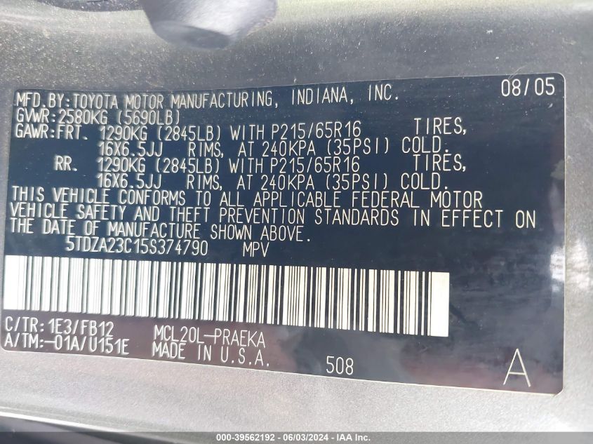 2005 Toyota Sienna Le VIN: 5TDZA23C15S374790 Lot: 39562192