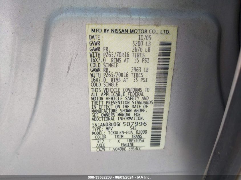 2006 Nissan Xterra S VIN: 5N1AN08U06C507996 Lot: 39562208