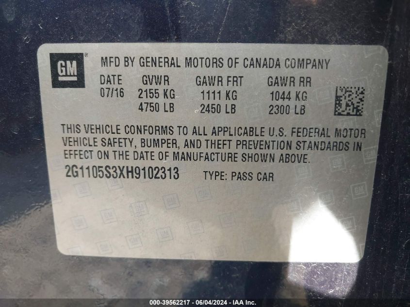2017 Chevrolet Impala 1Lt VIN: 2G1105S3XH9102313 Lot: 39562217