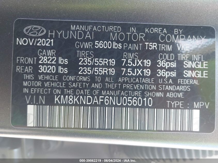 2022 Hyundai Ioniq 5 Sel VIN: KM8KNDAF6NU056010 Lot: 39562219