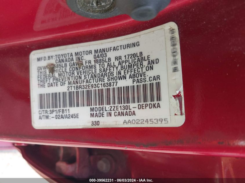 2003 Toyota Corolla Ce VIN: 2T1BR32E93C163877 Lot: 39562231