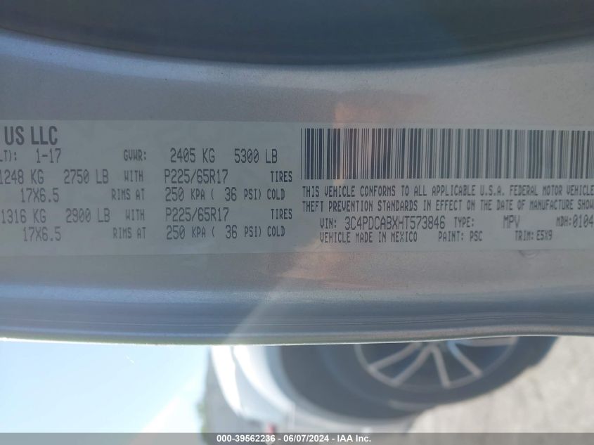 2017 Dodge Journey Se VIN: 3C4PDCABXHT573846 Lot: 39562236