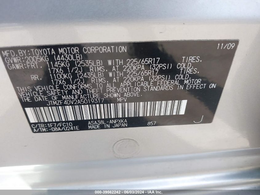 2010 Toyota Rav4 VIN: JTMZF4DV2A5019317 Lot: 39562242