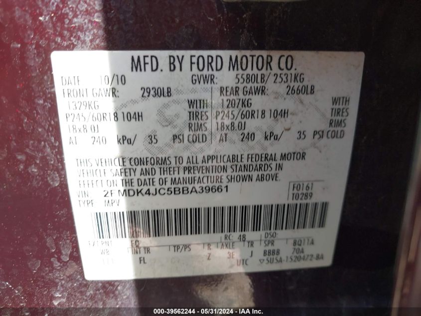 2011 Ford Edge Sel VIN: 2FMDK4JC5BBA39661 Lot: 39562244