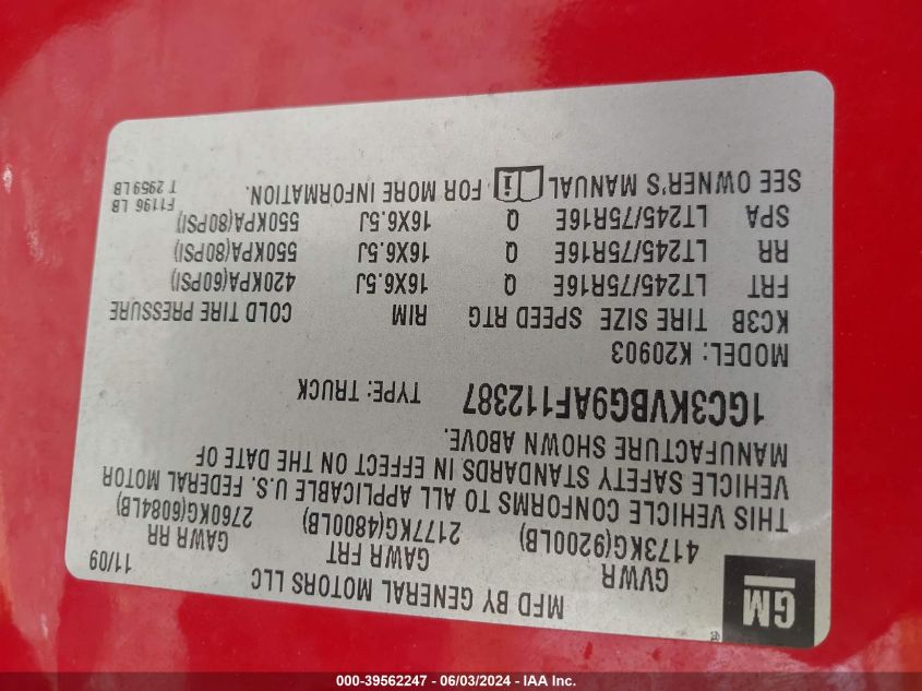 2010 Chevrolet Silverado 2500Hd Work Truck VIN: 1GC3KVBG9AF112387 Lot: 39562247