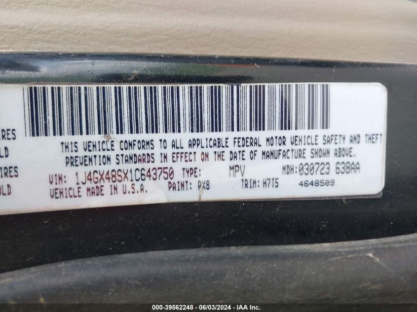 2001 Jeep Grand Cherokee Laredo VIN: 1J4GX48SX1C643750 Lot: 39562248