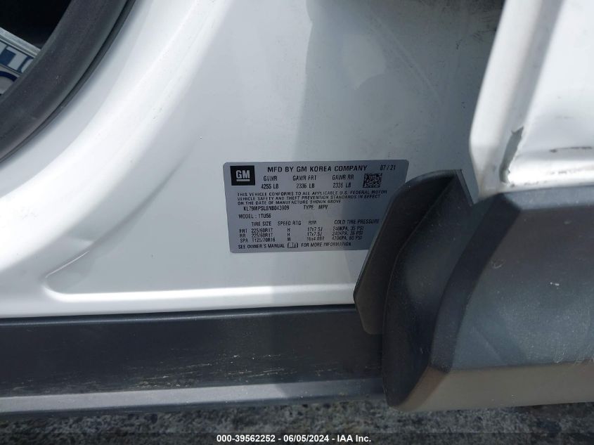 2022 Chevrolet Trailblazer Fwd Lt VIN: KL79MPSL8NB043909 Lot: 39562252