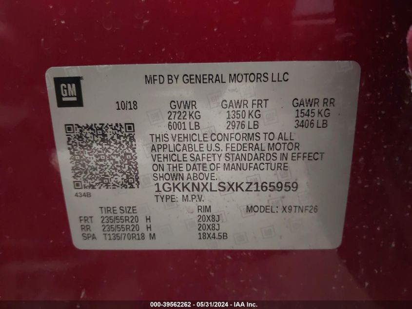 2019 GMC Acadia Denali VIN: 1GKKNXLSXKZ165959 Lot: 39562262