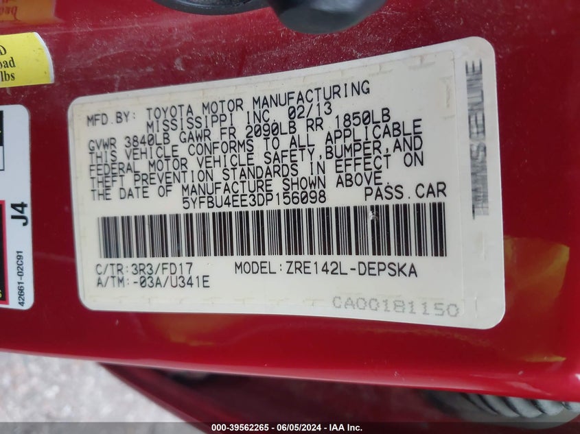 2013 TOYOTA COROLLA S/LE - 5YFBU4EE3DP156098
