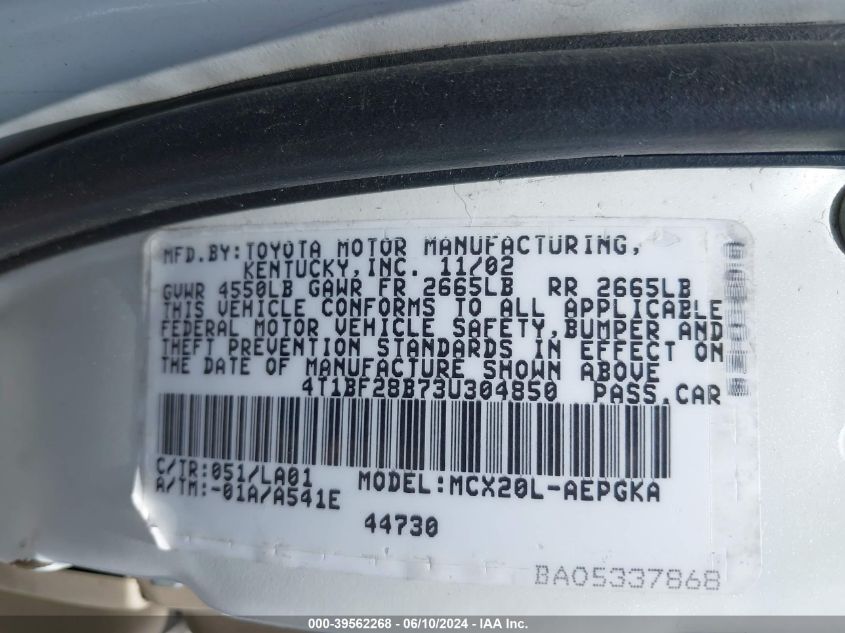 2003 Toyota Avalon Xls VIN: 4T1BF28B73U304850 Lot: 39562268