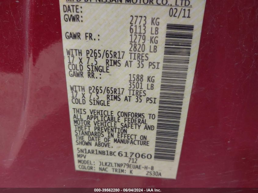 2011 Nissan Pathfinder Silver VIN: 5N1AR1NB1BC617060 Lot: 39562280