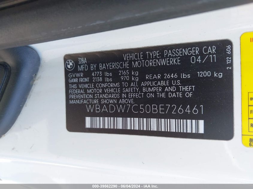 2011 BMW 328I VIN: WBADW7C50BE726461 Lot: 39562290