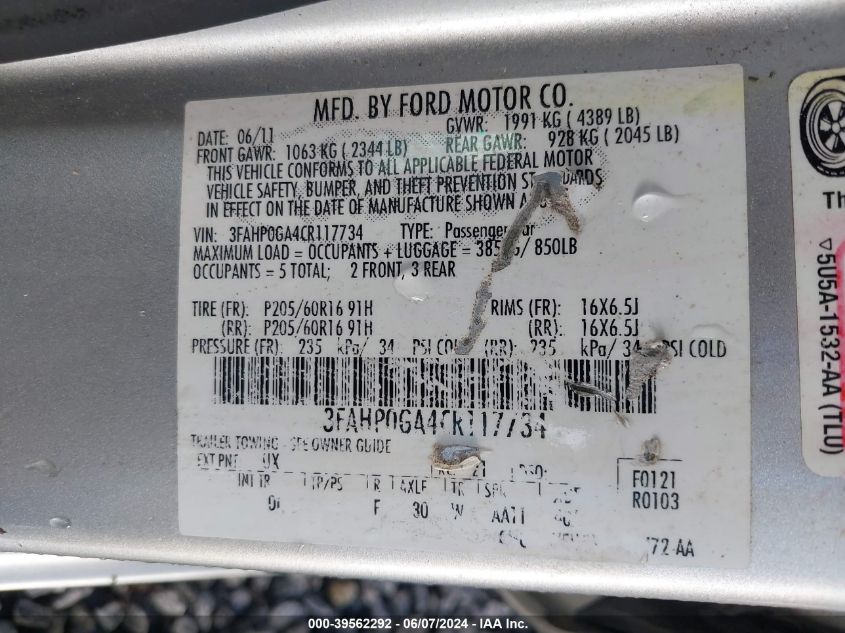 2012 Ford Fusion S VIN: 3FAHP0GA4CR117734 Lot: 39562292