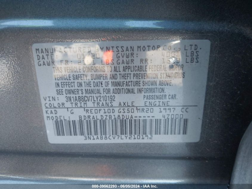 2020 Nissan Sentra Sv Xtronic Cvt VIN: 3N1AB8CV7LY210192 Lot: 39562293