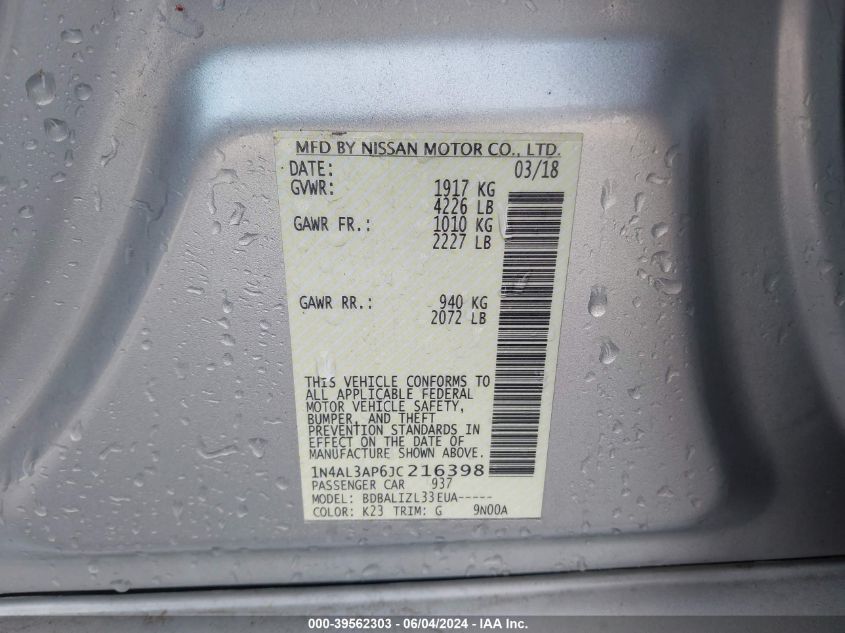 2018 NISSAN ALTIMA 2.5 SV - 1N4AL3AP6JC216398