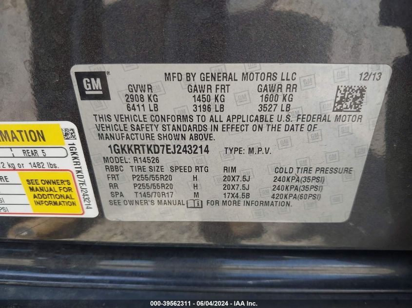 2014 GMC Acadia Denali VIN: 1GKKRTKD7EJ243214 Lot: 39562311