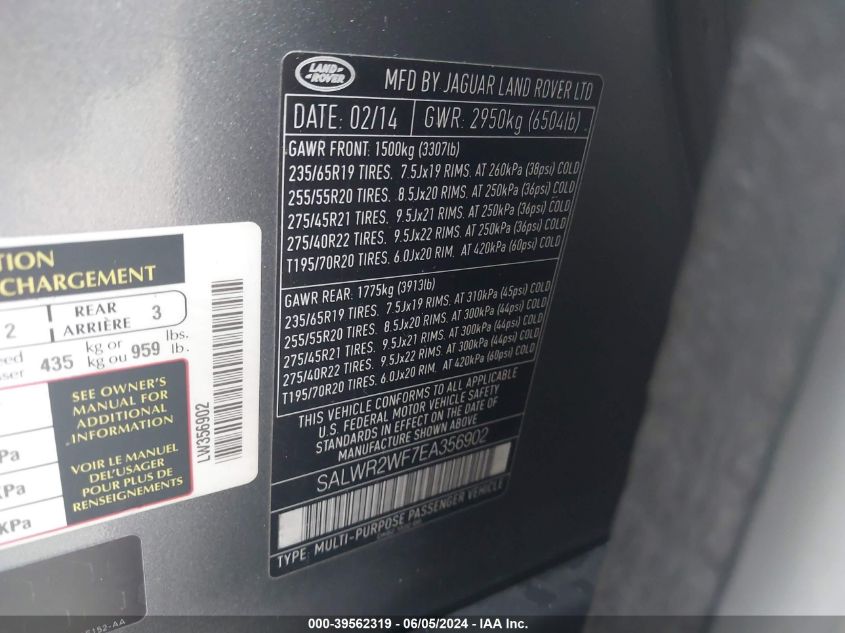 2014 Land Rover Range Rover Sport 3.0L V6 Supercharged Hse VIN: SALWR2WF7EA356902 Lot: 39562319